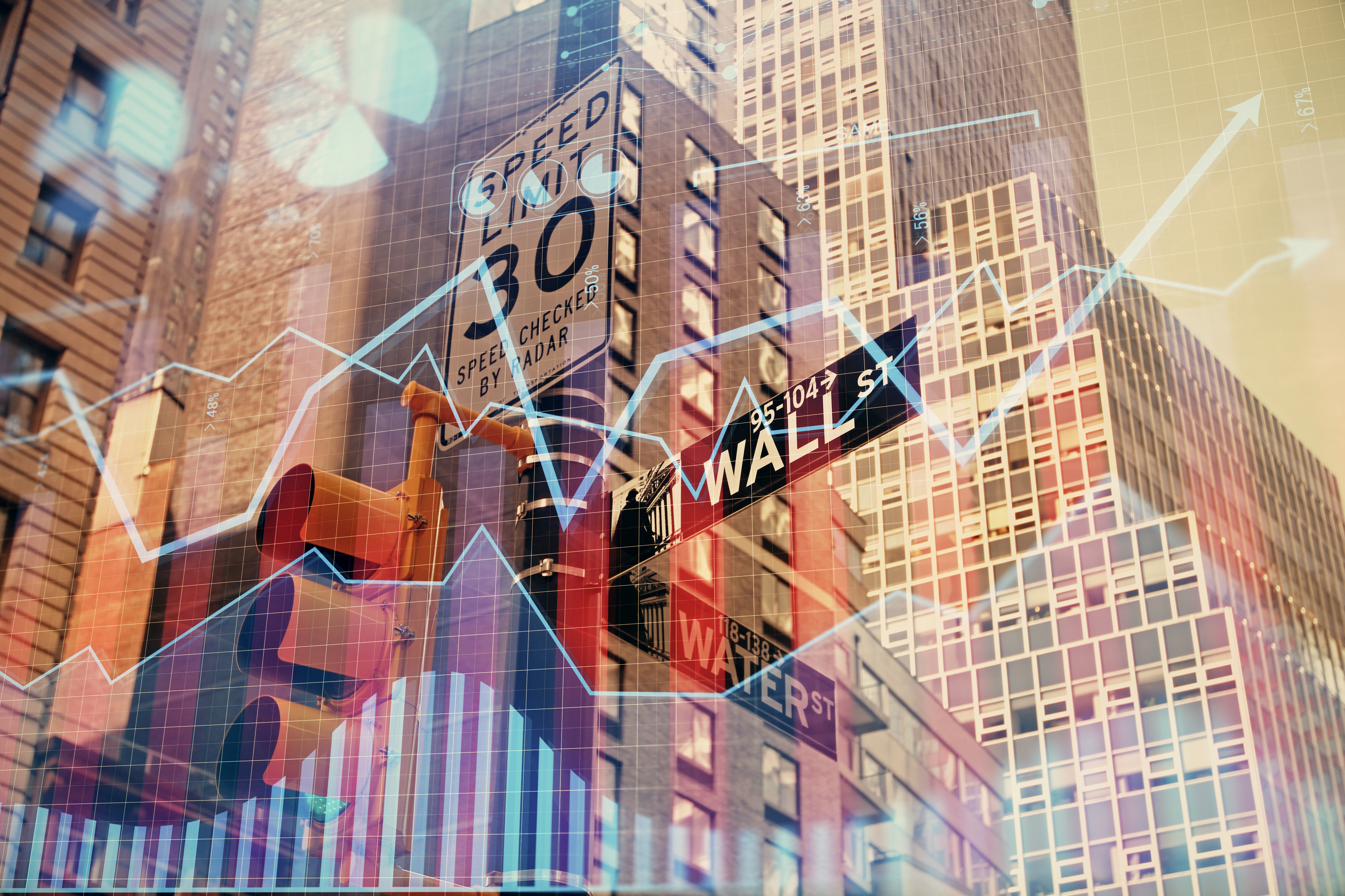 forex chart cityscape with tall buildings background multi exposure financial research concept